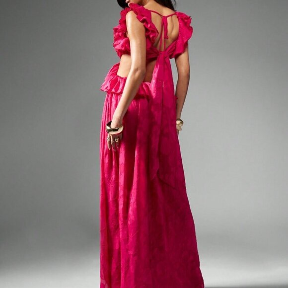 Hot Pink Party Women's Chiffon Devore Ruffle Tie Back Maxi With Split - Picture 2 of 6